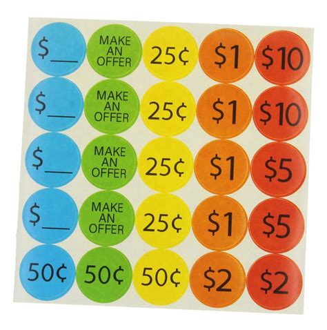 Price stickers for garage sale - Sep 14, 2022 · Each of these colored dot stickers measure 0.75 i.e. (3/4) inch in diameter. 70 labels per sheet, 15 sheets in total. APPLICATION: Our sticky dots circle labels are used as color-coding labels, price tag stickers, price stickers, garage sales stickers, or garage sale price stickers. Ideal for classroom organization.